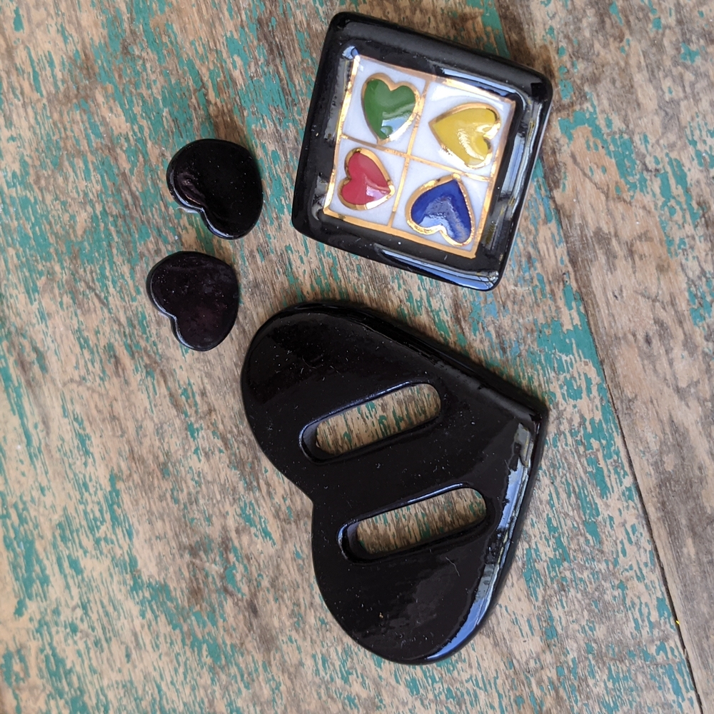 Lot of 3 Vintage  Heart Themed Ceramic Accessories -  Buckle, Post Earrings
